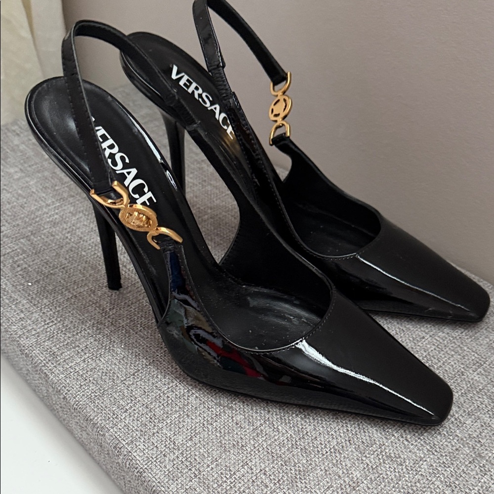 Versace Glossy Black Heels with Gold Accent